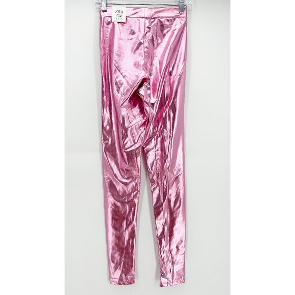 Zara Metallic Shiny Legging High Rise Pants in Pink NEW S - Picture 3 of 13